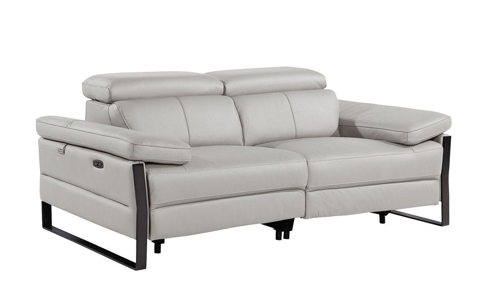 77" Light Gray and Black Italian Leather Power Reclining Loveseat