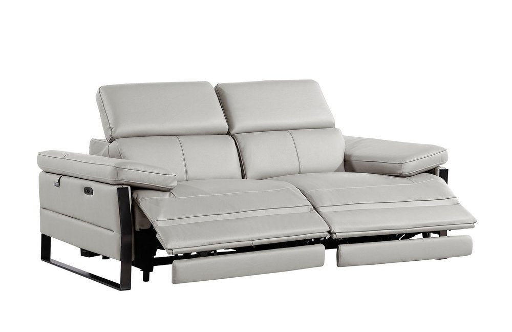 77" Light Gray and Black Italian Leather Power Reclining Loveseat