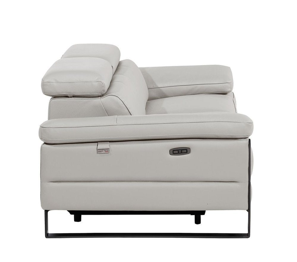 77" Light Gray and Black Italian Leather Power Reclining Loveseat