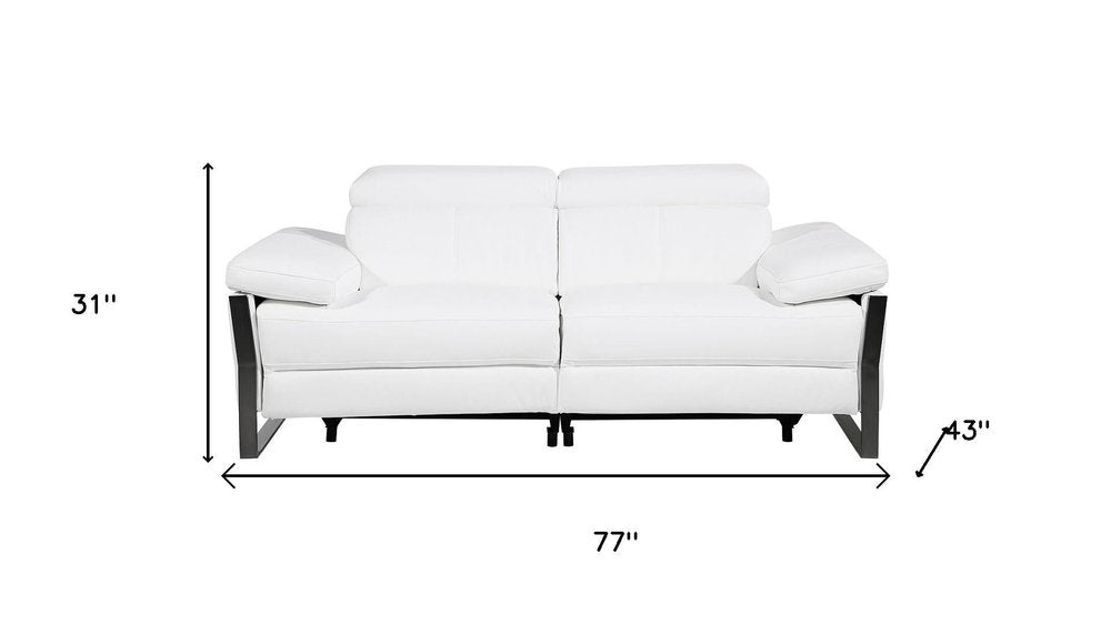 77" White and Black Italian Leather Power Reclining Loveseat