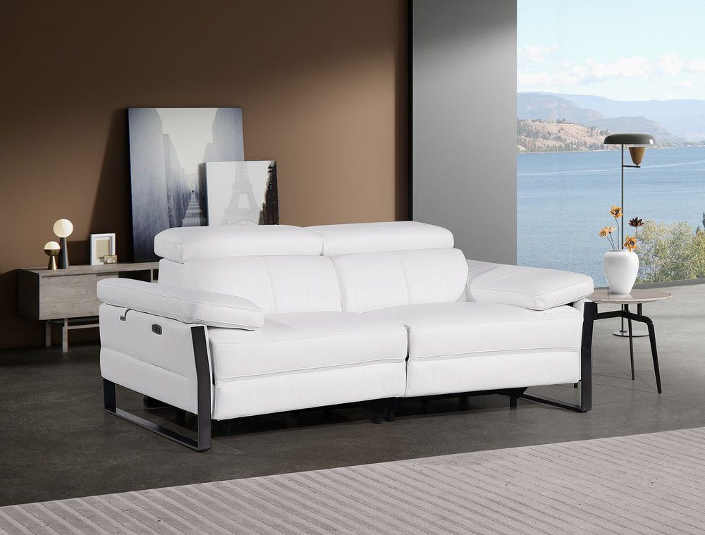 77" White and Black Italian Leather Power Reclining Loveseat