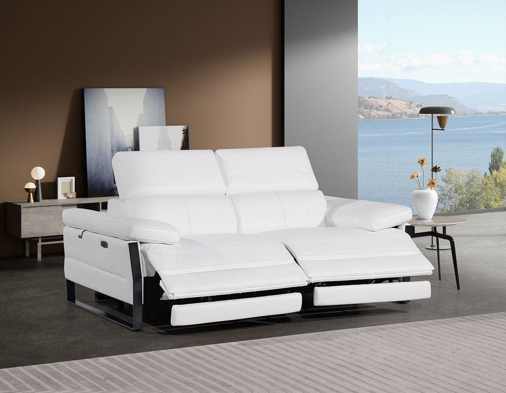 77" White and Black Italian Leather Power Reclining Loveseat