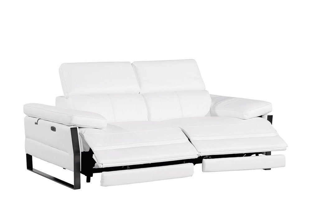 77" White and Black Italian Leather Power Reclining Loveseat