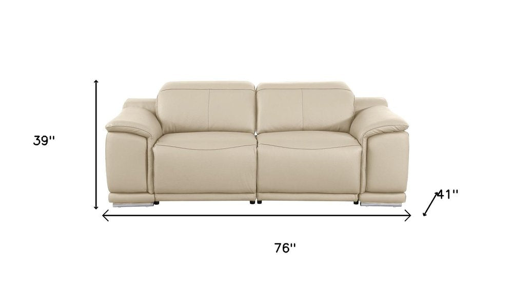 76" Cream and Silver Italian Leather Power Reclining Loveseat