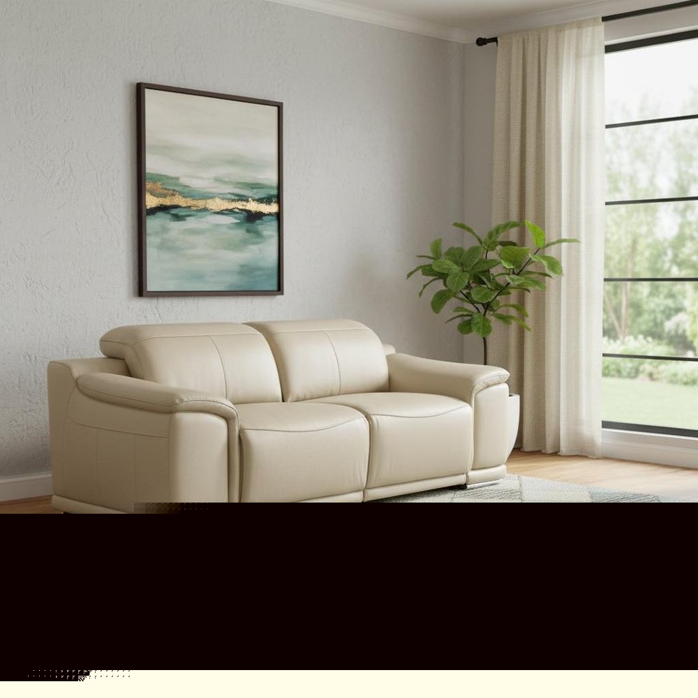 76" Cream and Silver Italian Leather Power Reclining Loveseat