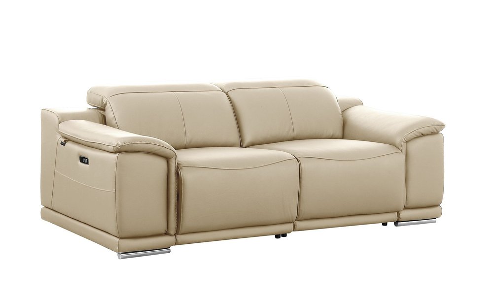 76" Cream and Silver Italian Leather Power Reclining Loveseat