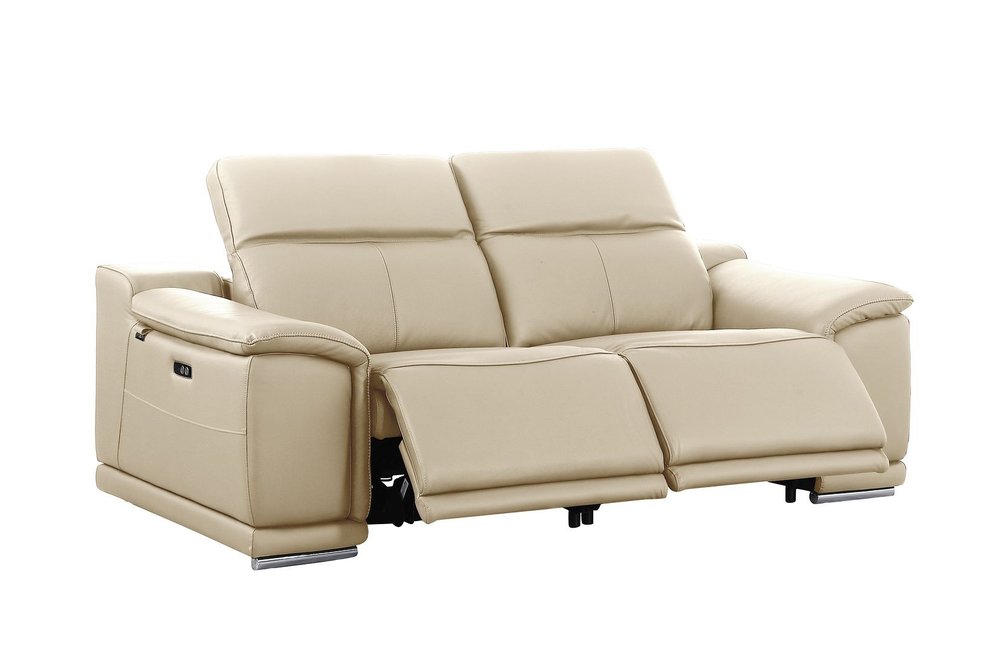 76" Cream and Silver Italian Leather Power Reclining Loveseat