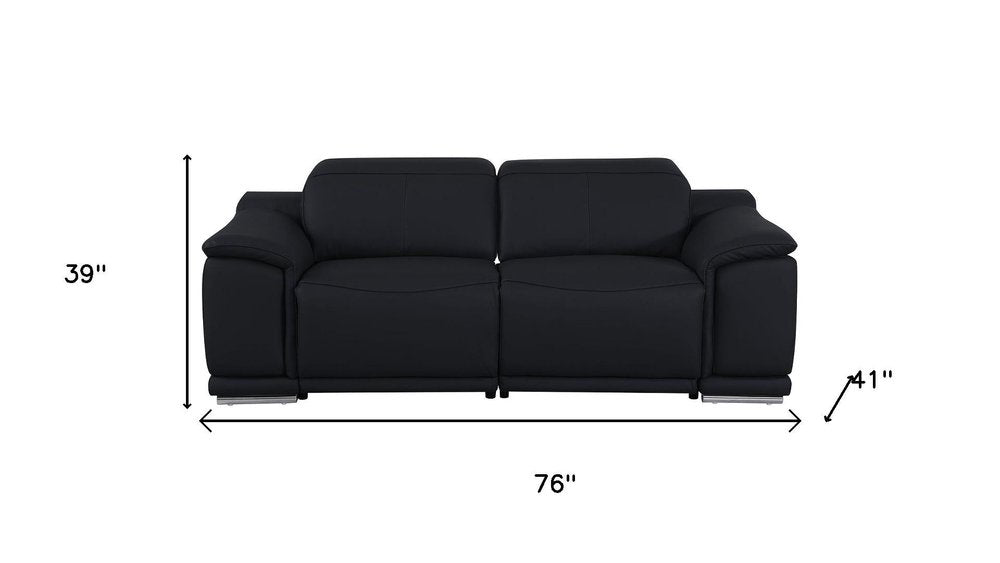 76" Black and Silver Italian Leather Power Reclining Loveseat