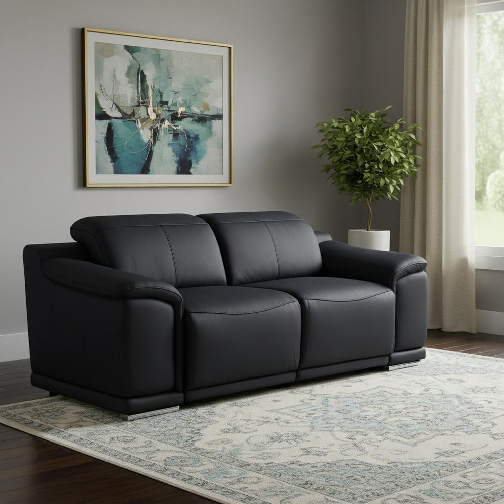 76" Black and Silver Italian Leather Power Reclining Loveseat