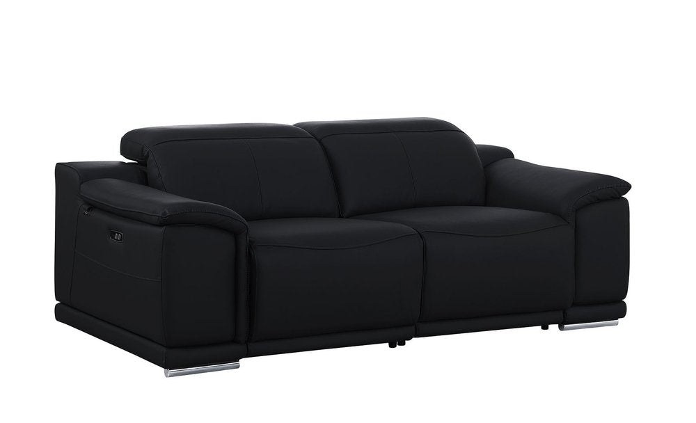 76" Black and Silver Italian Leather Power Reclining Loveseat