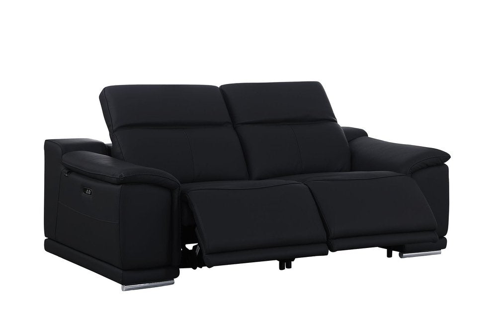 76" Black and Silver Italian Leather Power Reclining Loveseat