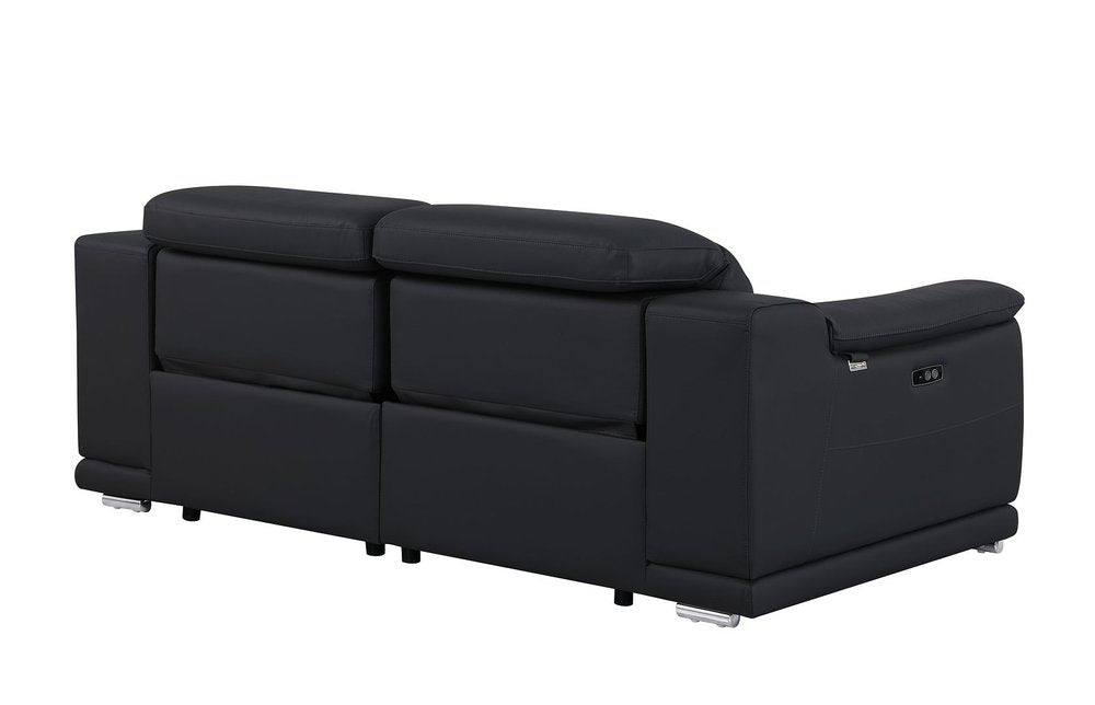 76" Black and Silver Italian Leather Power Reclining Loveseat