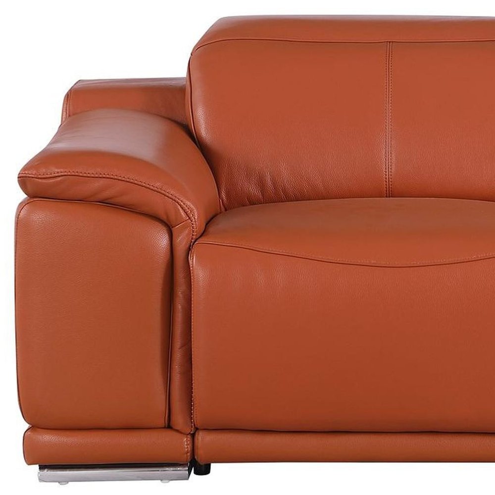 76" Orange and Silver Italian Leather Power Reclining Loveseat