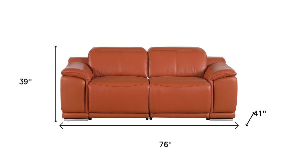 76" Orange and Silver Italian Leather Power Reclining Loveseat
