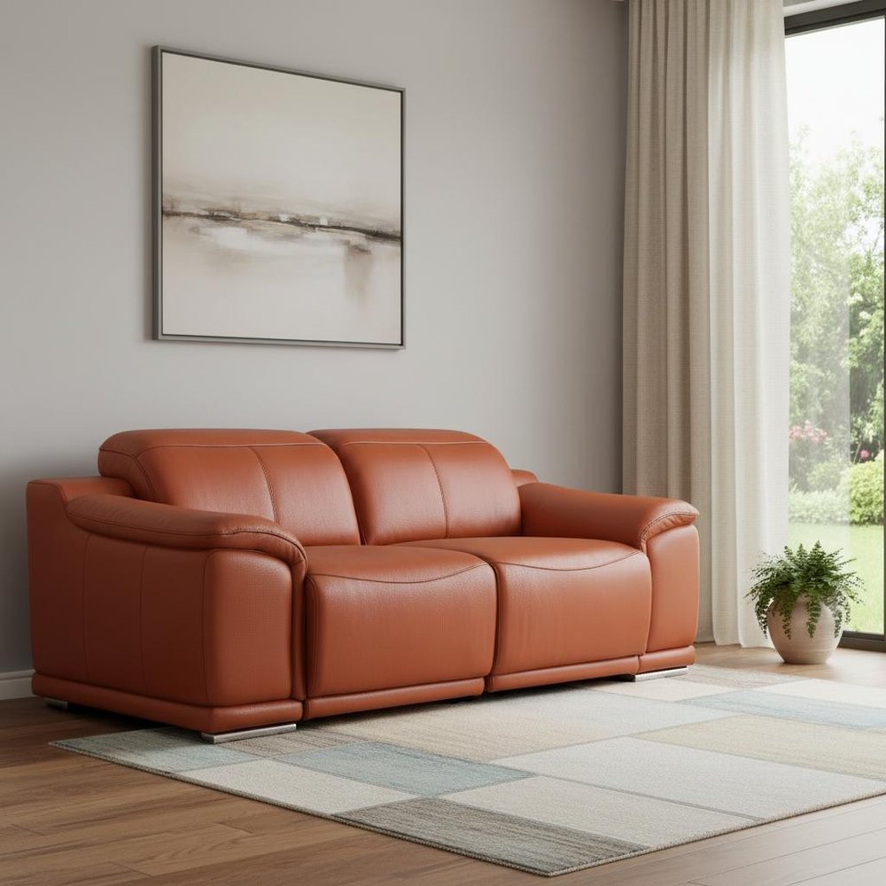 76" Orange and Silver Italian Leather Power Reclining Loveseat