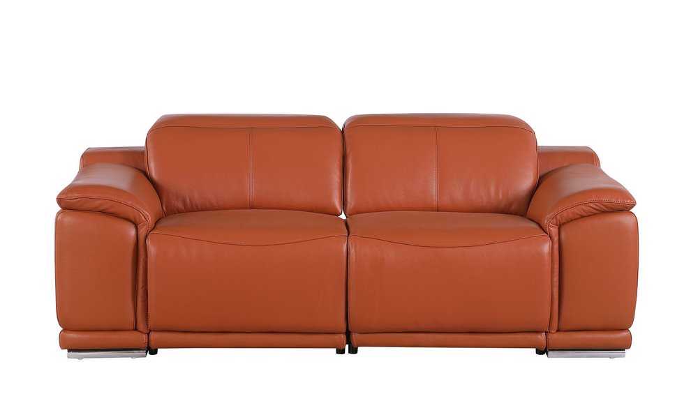 76" Orange and Silver Italian Leather Power Reclining Loveseat