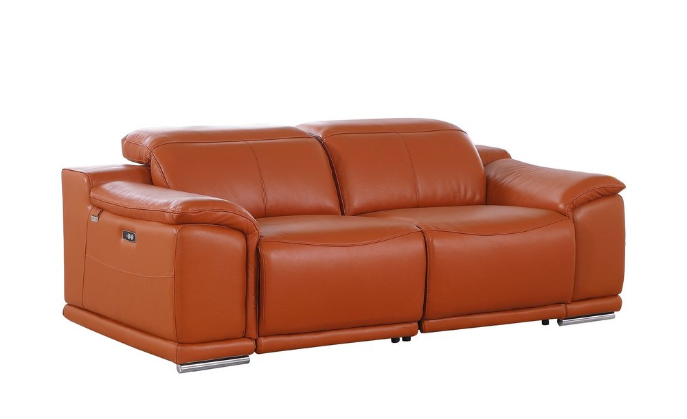 76" Orange and Silver Italian Leather Power Reclining Loveseat