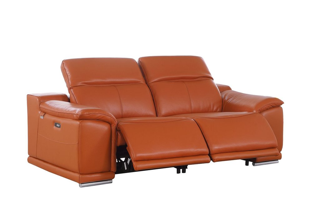 76" Orange and Silver Italian Leather Power Reclining Loveseat