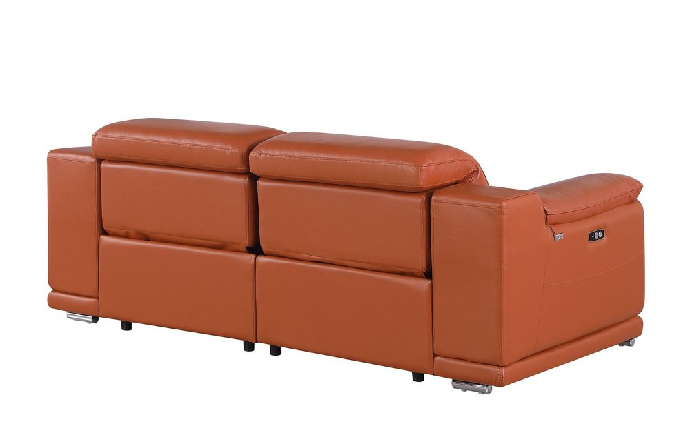 76" Orange and Silver Italian Leather Power Reclining Loveseat