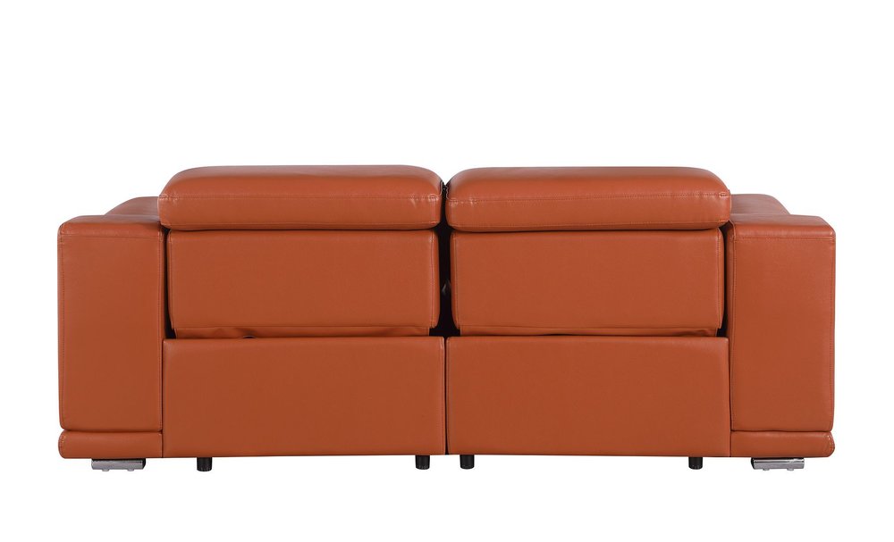 76" Orange and Silver Italian Leather Power Reclining Loveseat