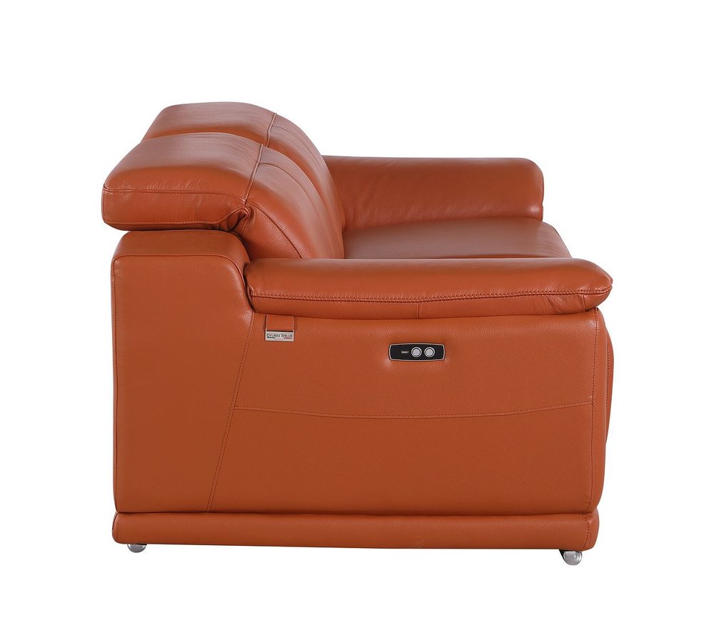 76" Orange and Silver Italian Leather Power Reclining Loveseat