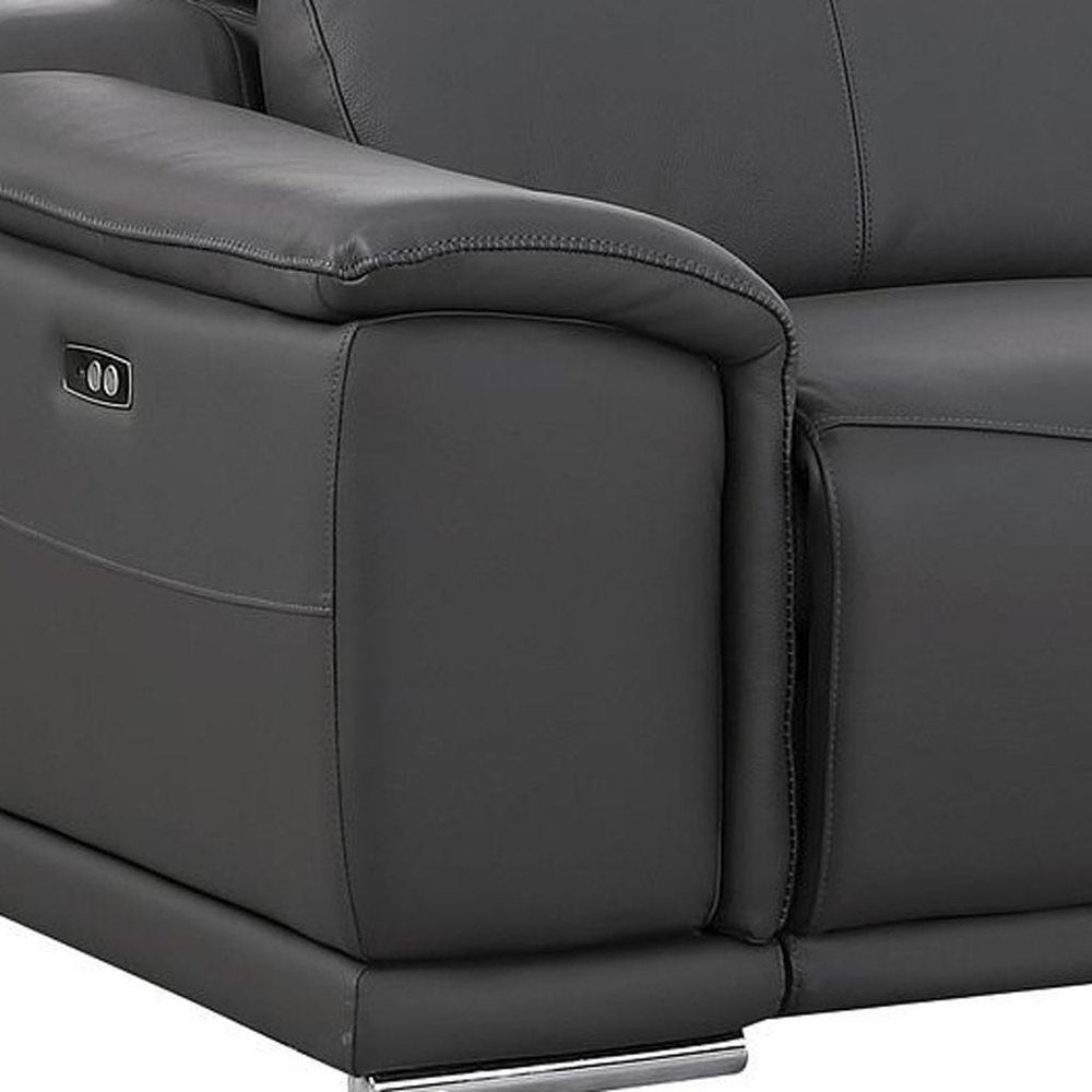 76" Dark Gray and Silver Italian Leather Power Reclining Loveseat