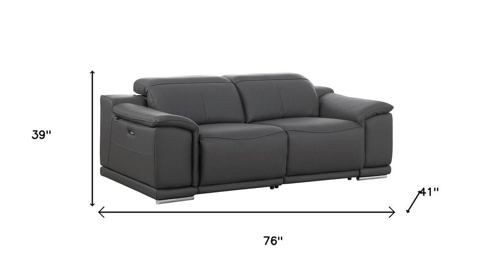 76" Dark Gray and Silver Italian Leather Power Reclining Loveseat