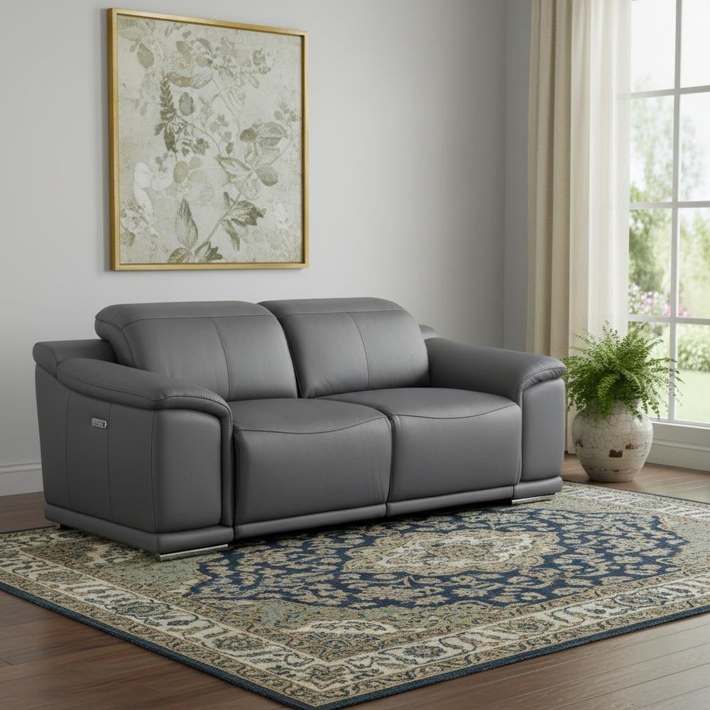 76" Dark Gray and Silver Italian Leather Power Reclining Loveseat