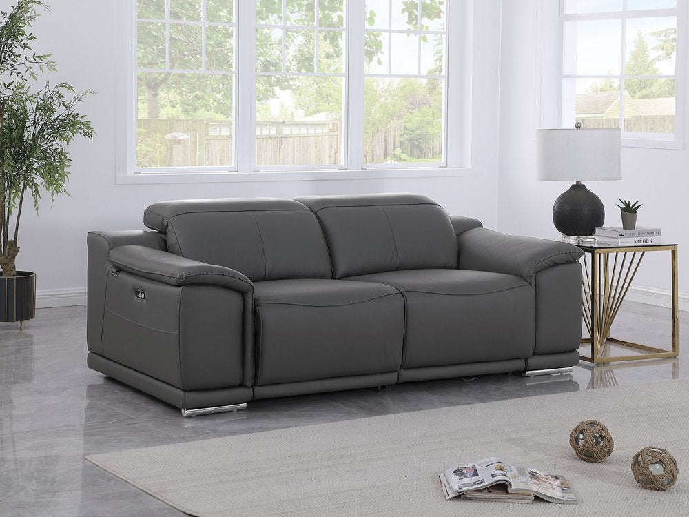 76" Dark Gray and Silver Italian Leather Power Reclining Loveseat