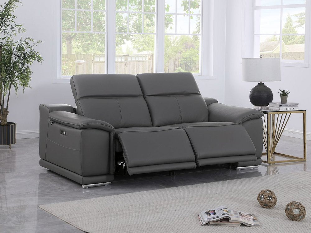 76" Dark Gray and Silver Italian Leather Power Reclining Loveseat