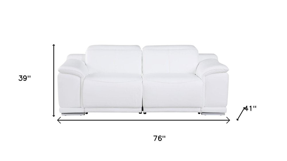 76" White and Silver Italian Leather Power Reclining Loveseat
