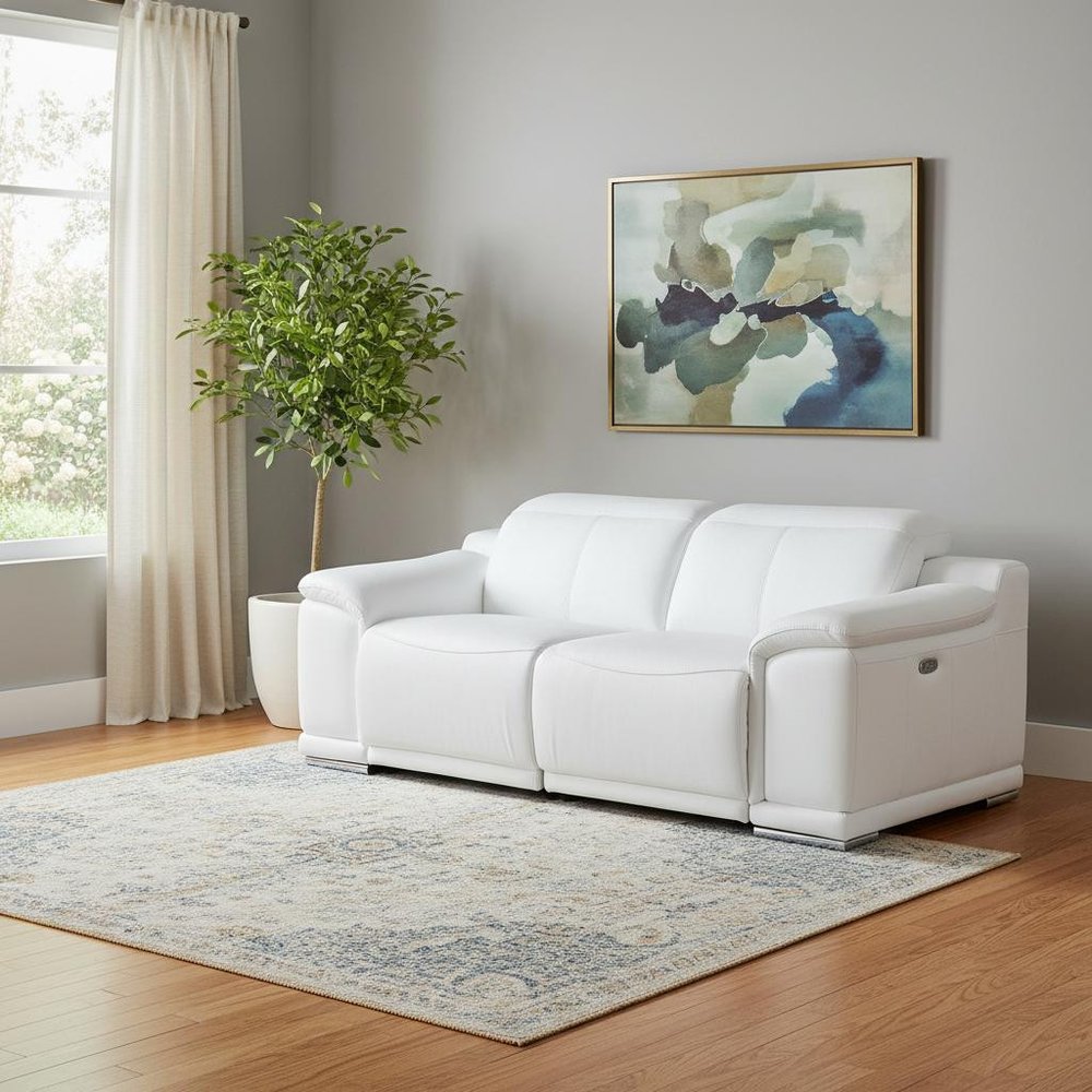 76" White and Silver Italian Leather Power Reclining Loveseat