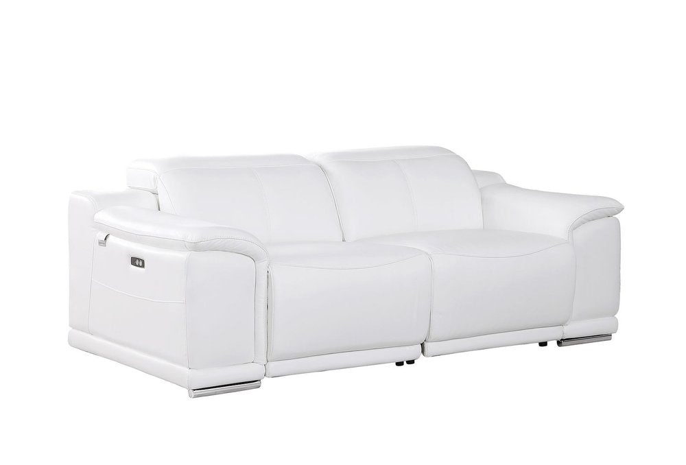 76" White and Silver Italian Leather Power Reclining Loveseat