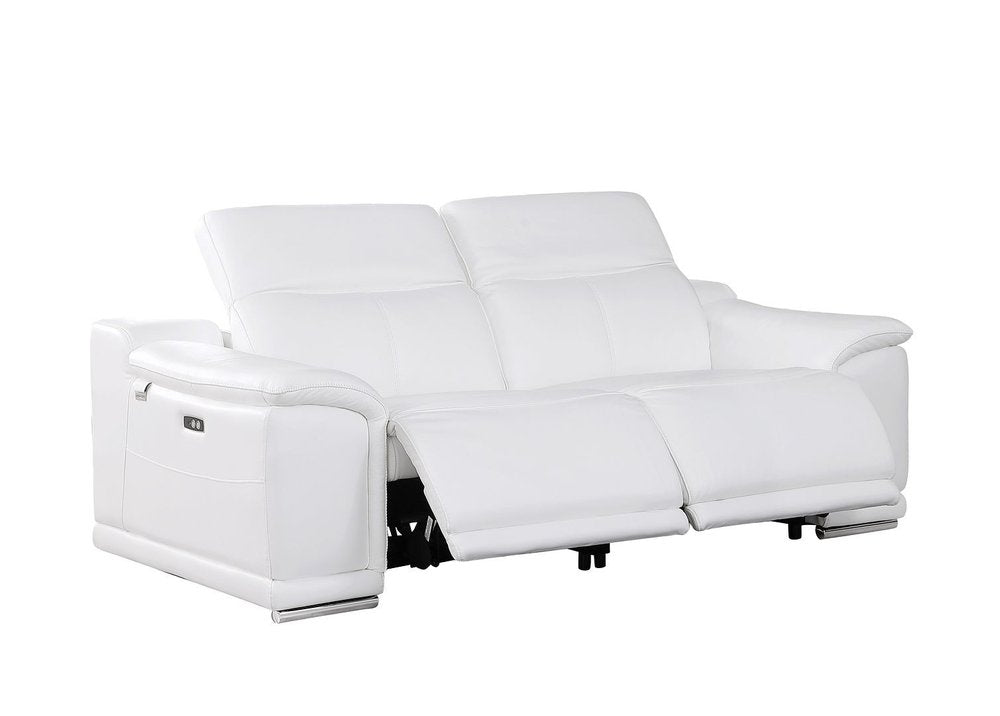 76" White and Silver Italian Leather Power Reclining Loveseat