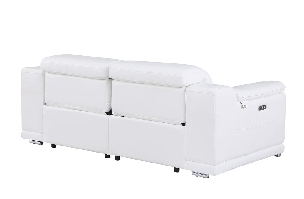 76" White and Silver Italian Leather Power Reclining Loveseat