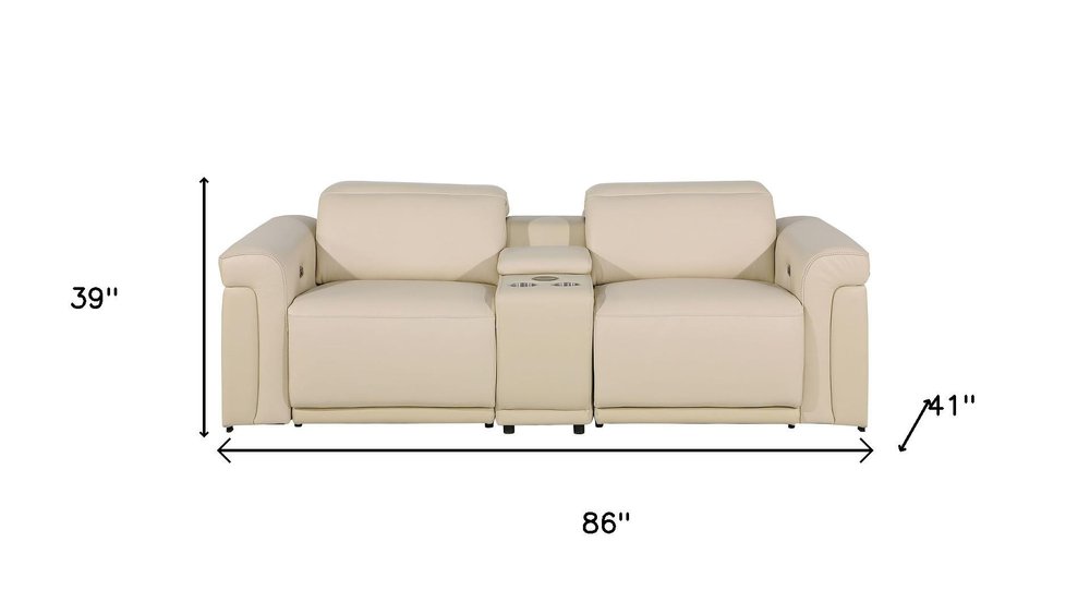 86" Cream and Black Italian Leather Power Reclining Loveseat With Storage