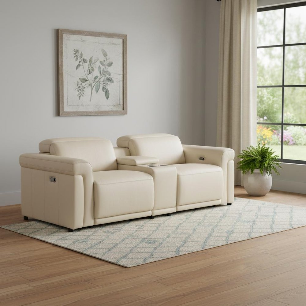 86" Cream and Black Italian Leather Power Reclining Loveseat With Storage