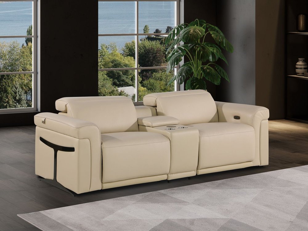 86" Cream and Black Italian Leather Power Reclining Loveseat With Storage