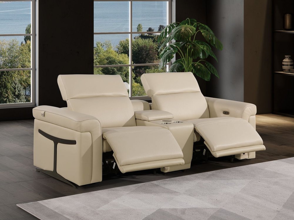 86" Cream and Black Italian Leather Power Reclining Loveseat With Storage
