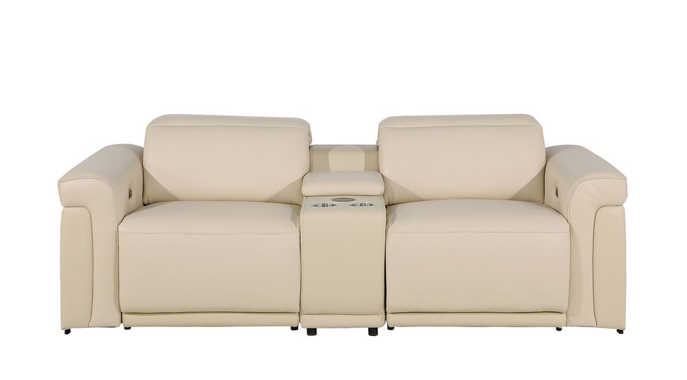 86" Cream and Black Italian Leather Power Reclining Loveseat With Storage