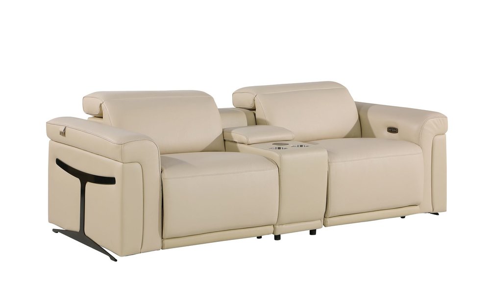 86" Cream and Black Italian Leather Power Reclining Loveseat With Storage