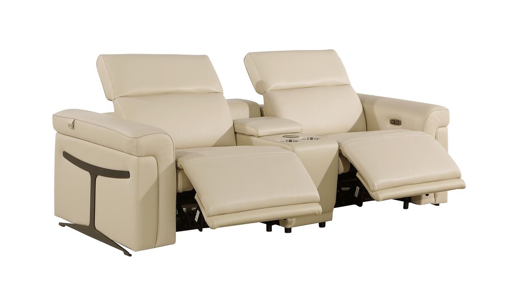 86" Cream and Black Italian Leather Power Reclining Loveseat With Storage