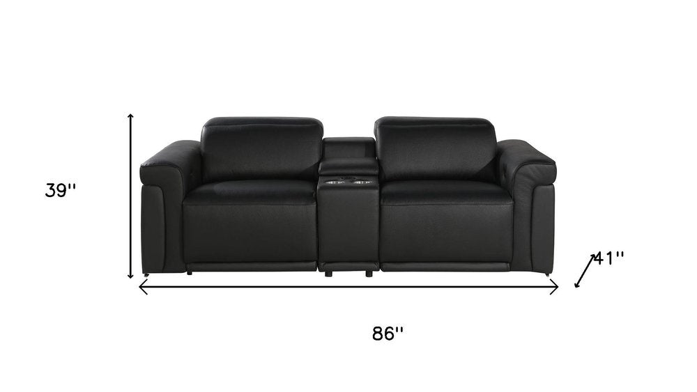 86" Black Italian Leather Power Reclining Loveseat With Storage
