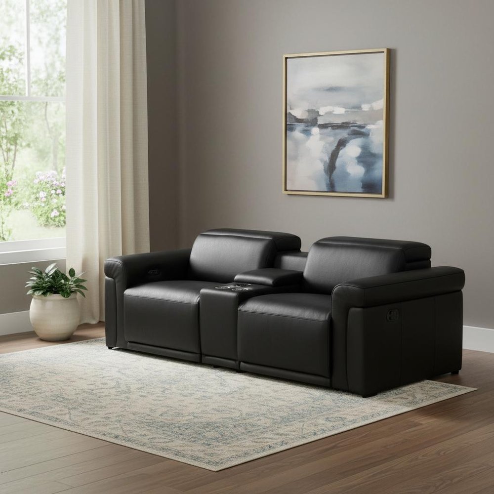 86" Black Italian Leather Power Reclining Loveseat With Storage