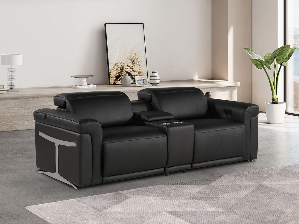 86" Black Italian Leather Power Reclining Loveseat With Storage