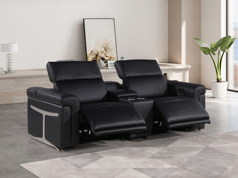 86" Black Italian Leather Power Reclining Loveseat With Storage