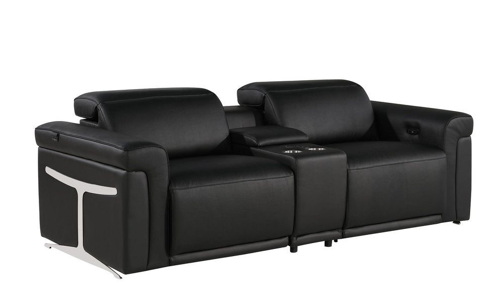 86" Black Italian Leather Power Reclining Loveseat With Storage