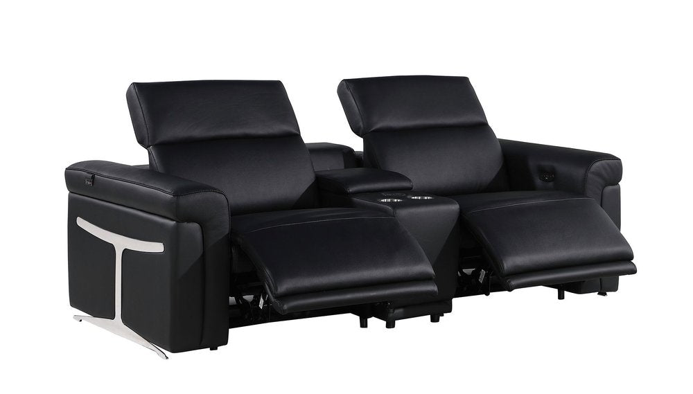 86" Black Italian Leather Power Reclining Loveseat With Storage