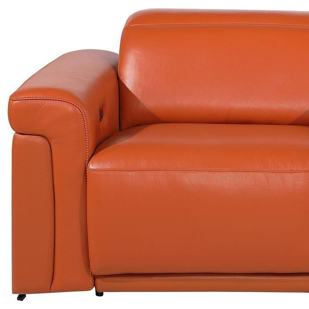 86" Orange and Black Italian Leather Power Reclining Loveseat With Storage