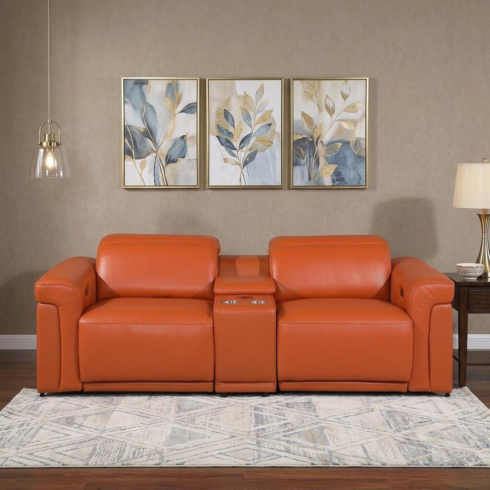 86" Orange and Black Italian Leather Power Reclining Loveseat With Storage